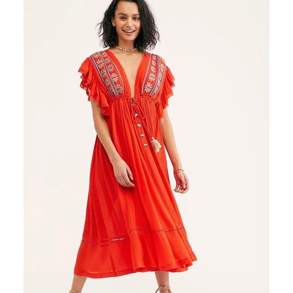 FREE PEOPLE Bali Will Wait For You Boho Embroidered Maxi Dress Red Medium M - Picture 15 of 16